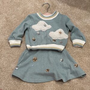 Kids Cloud Appliqué Matching Set in Sage Green - Cozy Sweater & Skirt